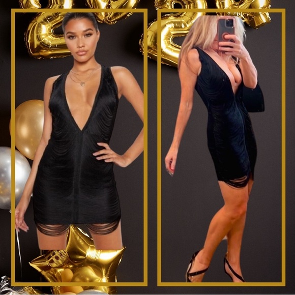 🔥PrettyLittleThing,Black Extreme Plunge Tassel Bodycon Dress,US Women’s Size 0 - Picture 8 of 12